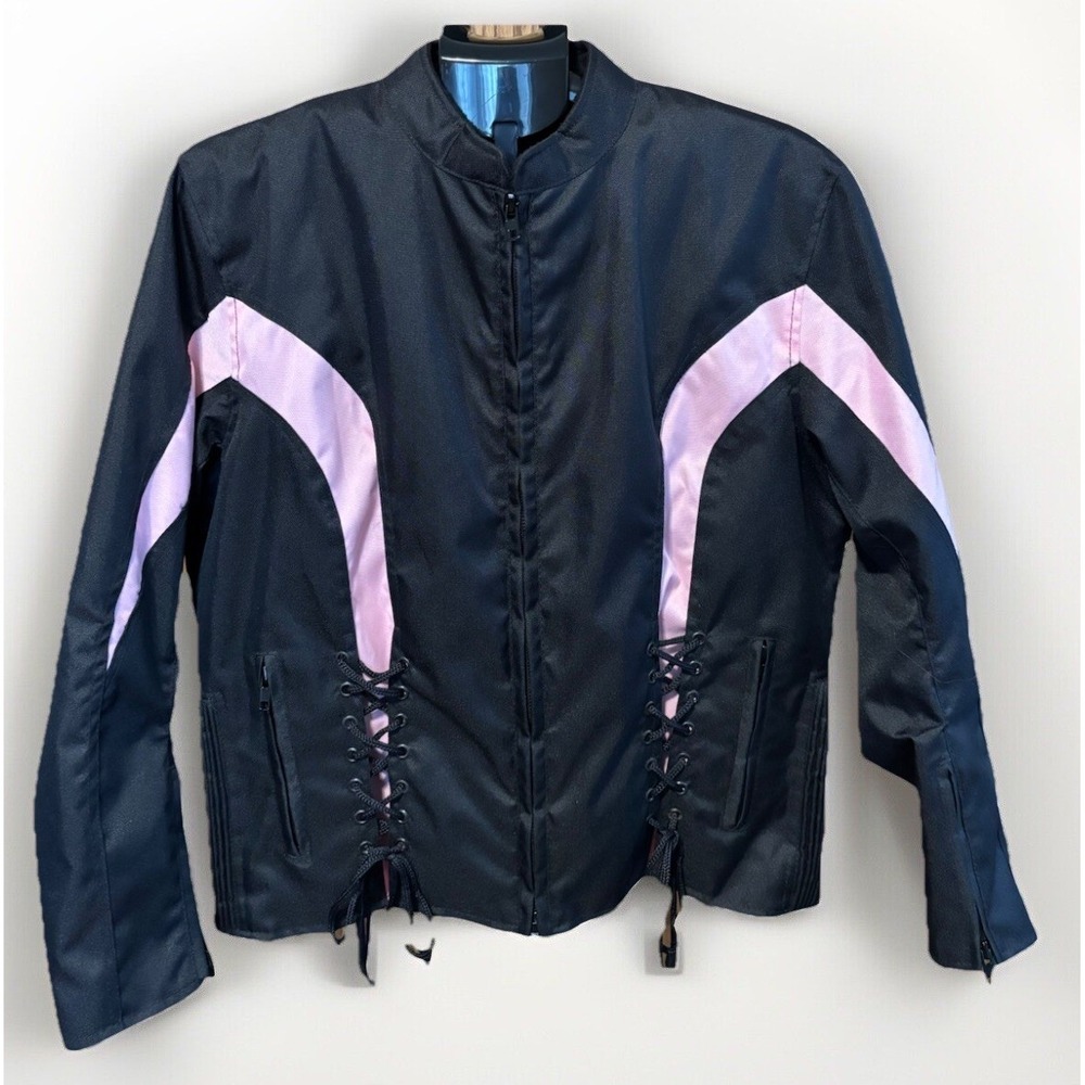 Vance Womens L Softshell Fabric Motorcycle  Jacket Black Pink Wrist Zip Lace‎ Up